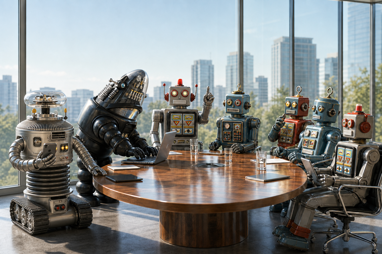 Illustration of robots seated around a table in discussion